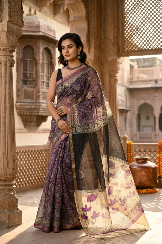 Rajnigandha-Handblock Pure Cotton Kota Doria Saree