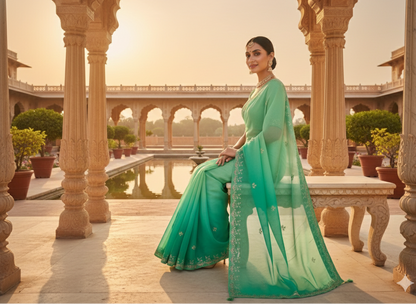 Woman in a green saree sitting in an outdoor setting with architectural columns and a pool in the background.
