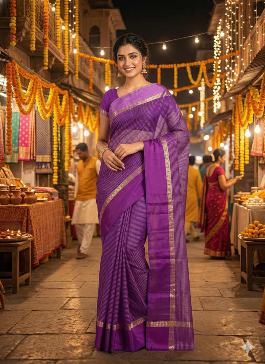 Royal Plum - Pure Silk Zari Lining Kota Doria Saree