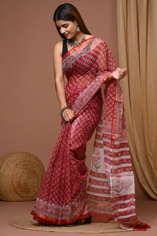 Raktima - Handblock Pure Cotton Kota Doria Saree