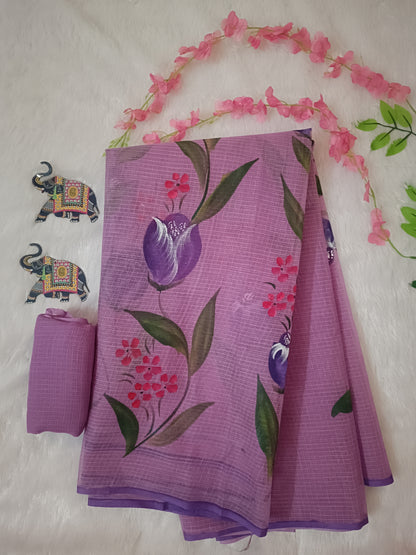 Lavanya Bloom – Lavender Hand-Painted Pure Cotton Kota Doria Saree