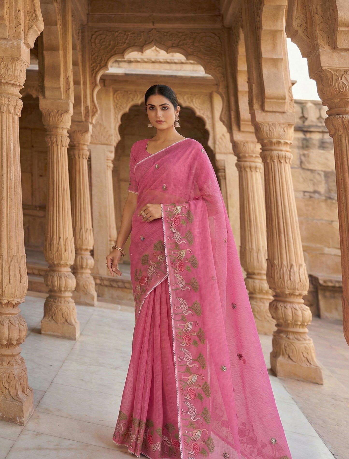 Gulaabo – Soft Pink Embroidered Pure Cotton Kota Doria Saree