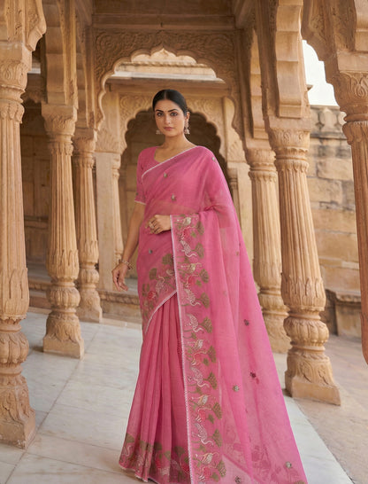 Gulaabo – Soft Pink Embroidered Pure Cotton Kota Doria Saree