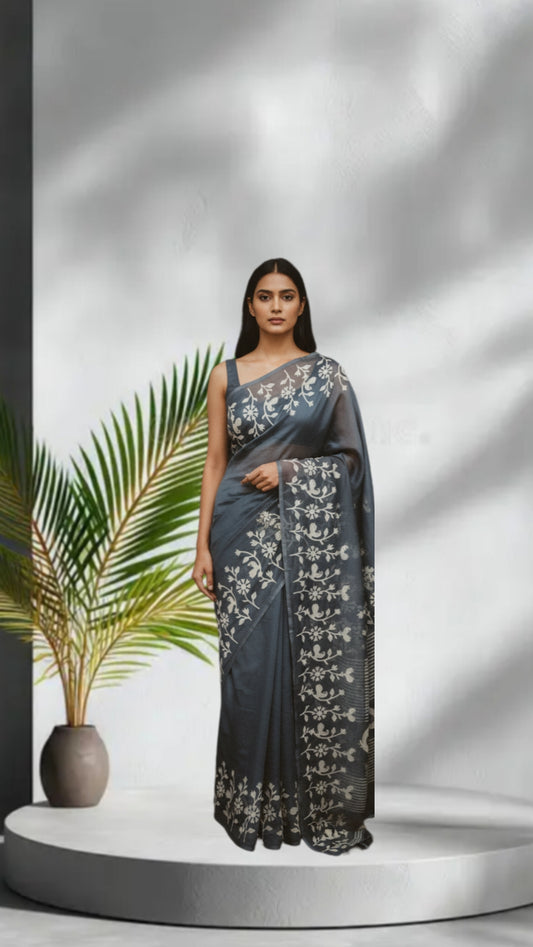 Ashra Grey - Pure Cotton Kota Doria Applique Work Saree