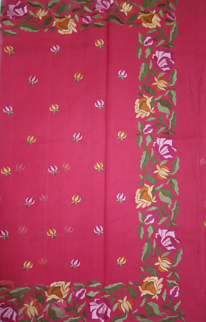 Gulnaar Rose – Dark Carrot Pink Embroidered Pure Cotton Kota Doria Saree with All-Over Butti