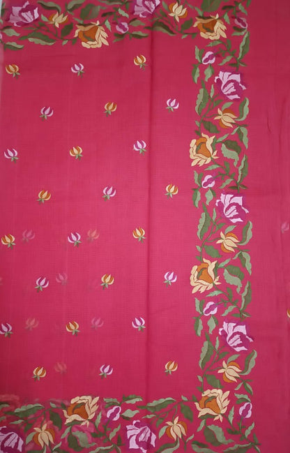 Gulnaar Rose – Dark Carrot Pink Embroidered Pure Cotton Kota Doria Saree with All-Over Butti