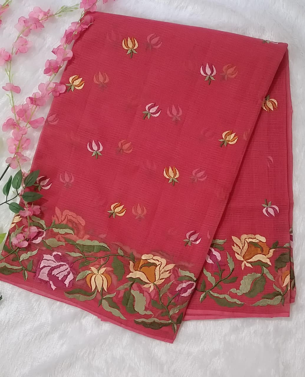Gulnaar Rose – Dark Carrot Pink Embroidered Pure Cotton Kota Doria Saree with All-Over Butti