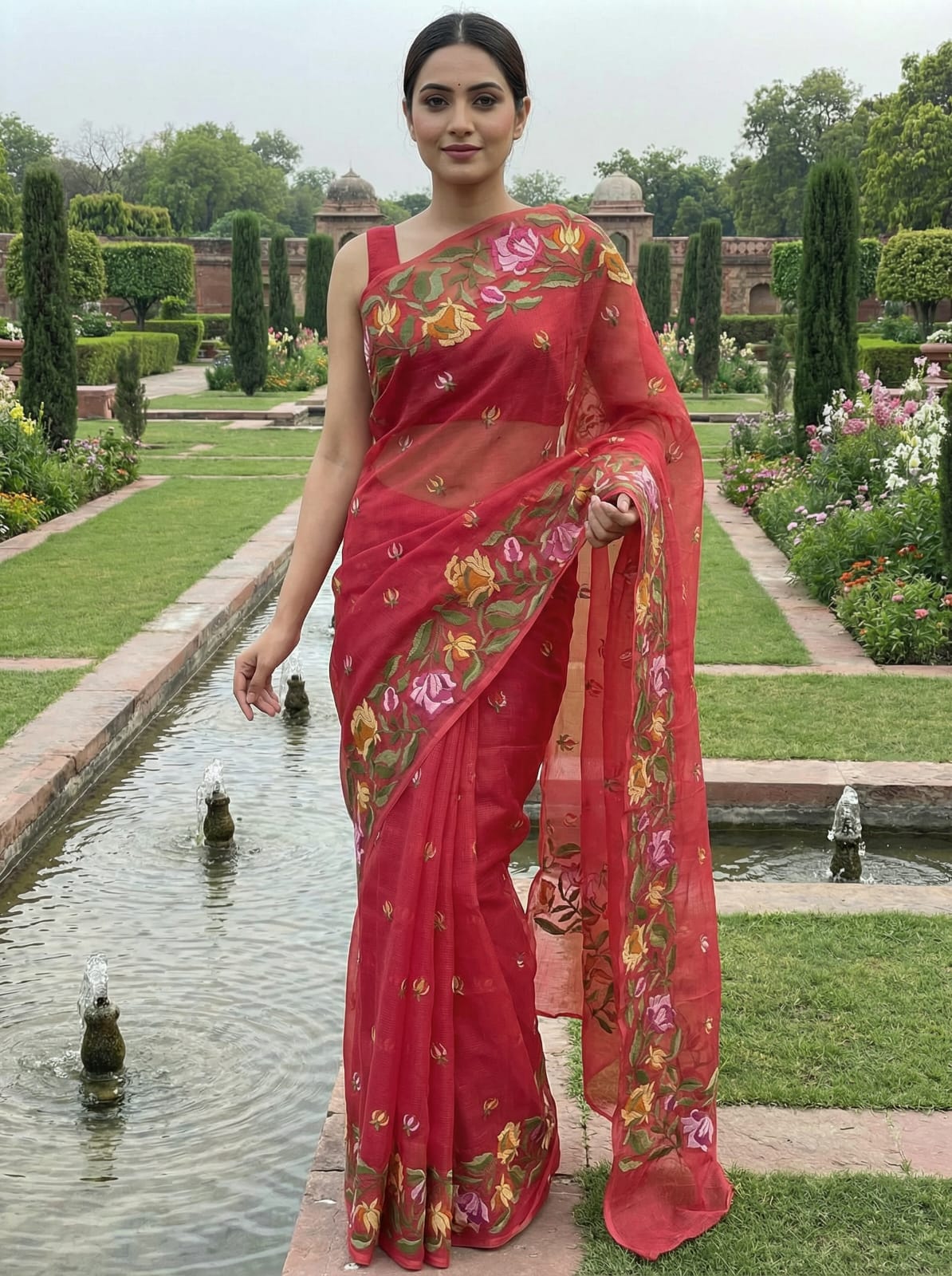 Woman in a red saree with floral patterns standing in a garden.