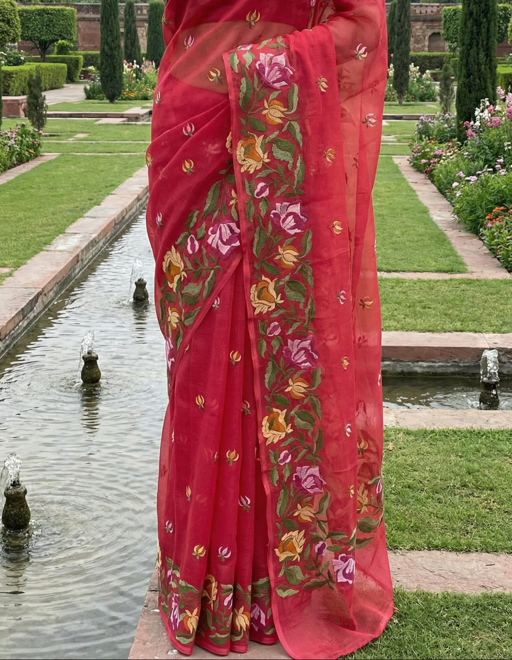 Gulnaar Rose – Dark Carrot Pink Embroidered Pure Cotton Kota Doria Saree with All-Over Butti