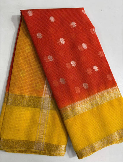 Sindoori Basant - Red and Yellow shade Butti with gap border Pure Cotton Kota Doria Saree