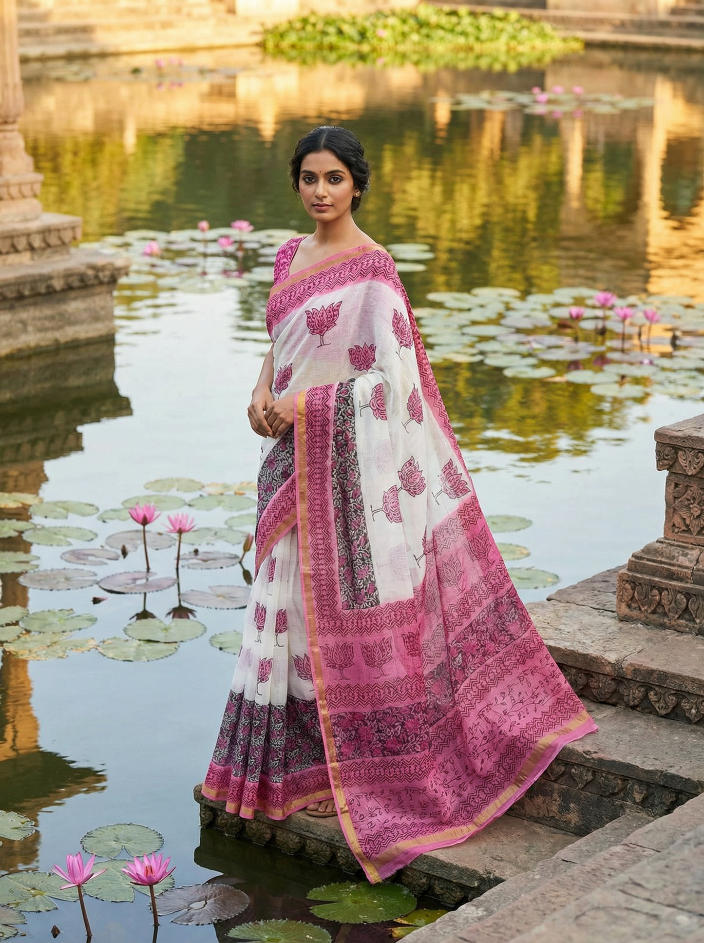 Gulabi Kamal - Pure Cotton Kota Doria Handblock Lotus