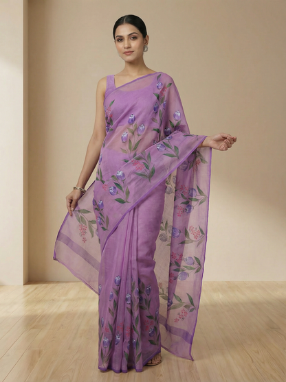 Lavanya Bloom – Lavender Hand-Painted Pure Cotton Kota Doria Saree