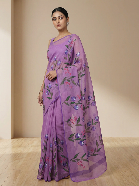 Lavanya Bloom – Lavender Hand-Painted Pure Cotton Kota Doria Saree