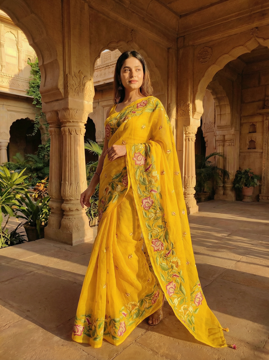 Kanak Phool- Pure Cotton Kota Doria with Floral Embroidery