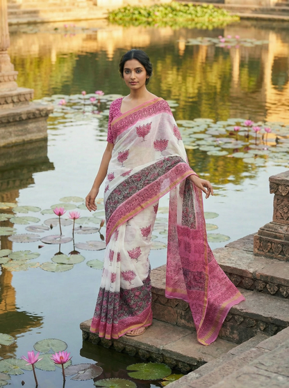 Gulabi Kamal - Pure Cotton Kota Doria Handblock Lotus