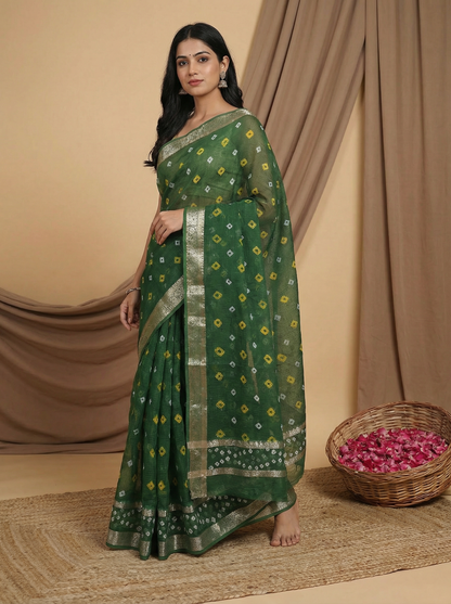 Vasudha Green - Pure Cotton Kota Doria with Bandhani and Zari Border