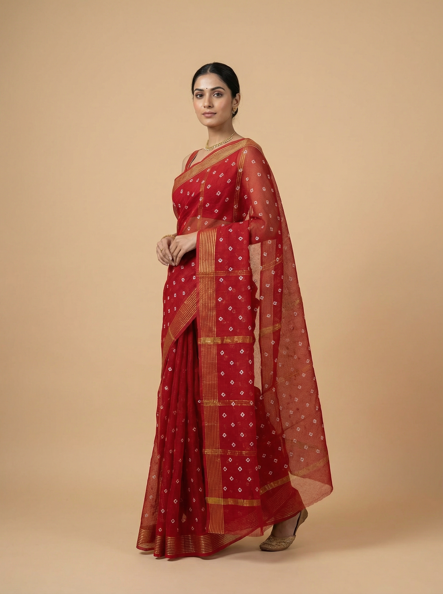 Shubhra - Pure Cotton Kota Doria Zari Lining Bandhani