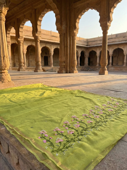 Harit Abha - Pure Cotton Kota Doria Embroidered Saree with Hand Mirror Work
