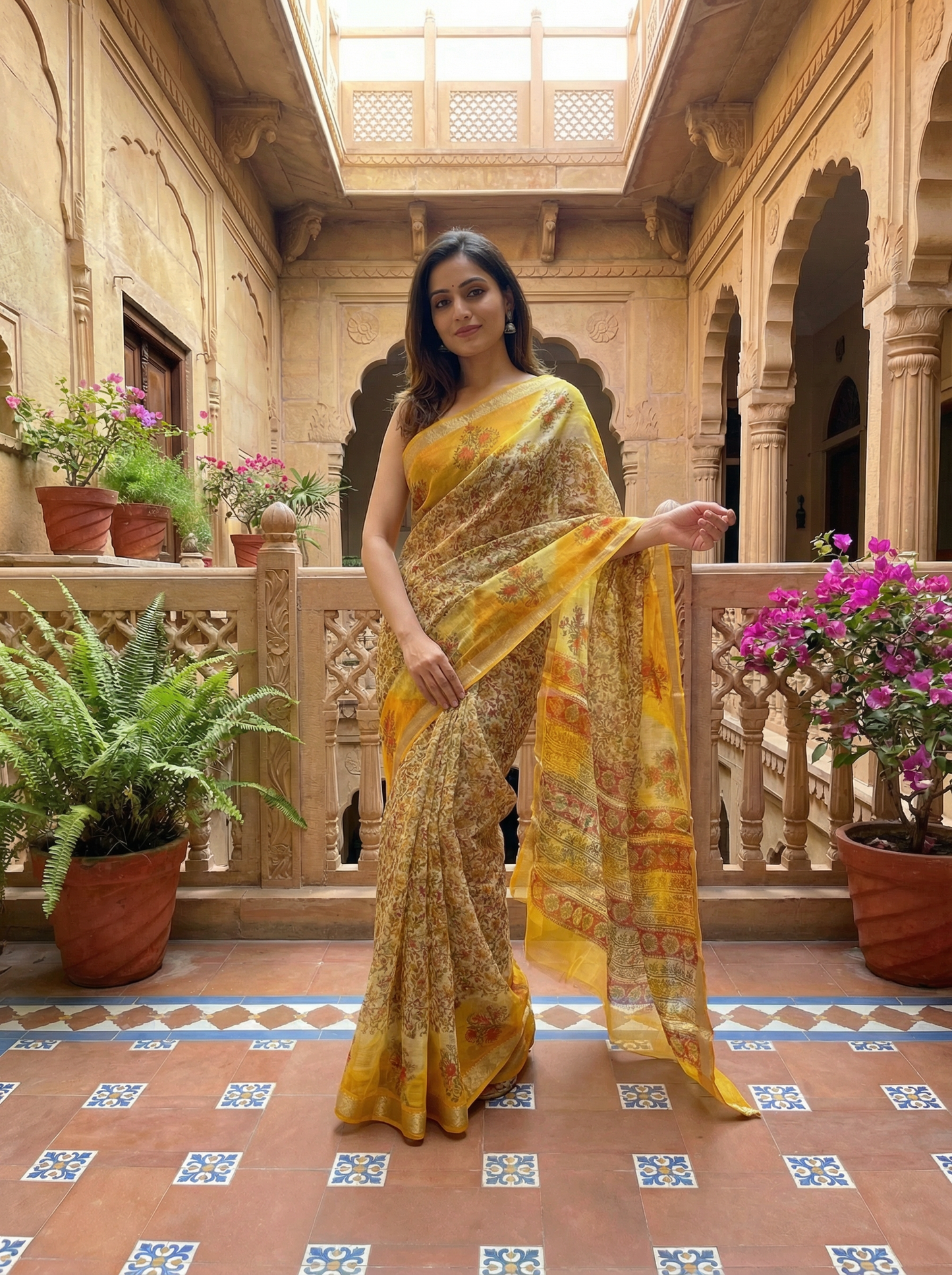 Swarna Phool- Pure Cotton Kota Doria Handblock Saree