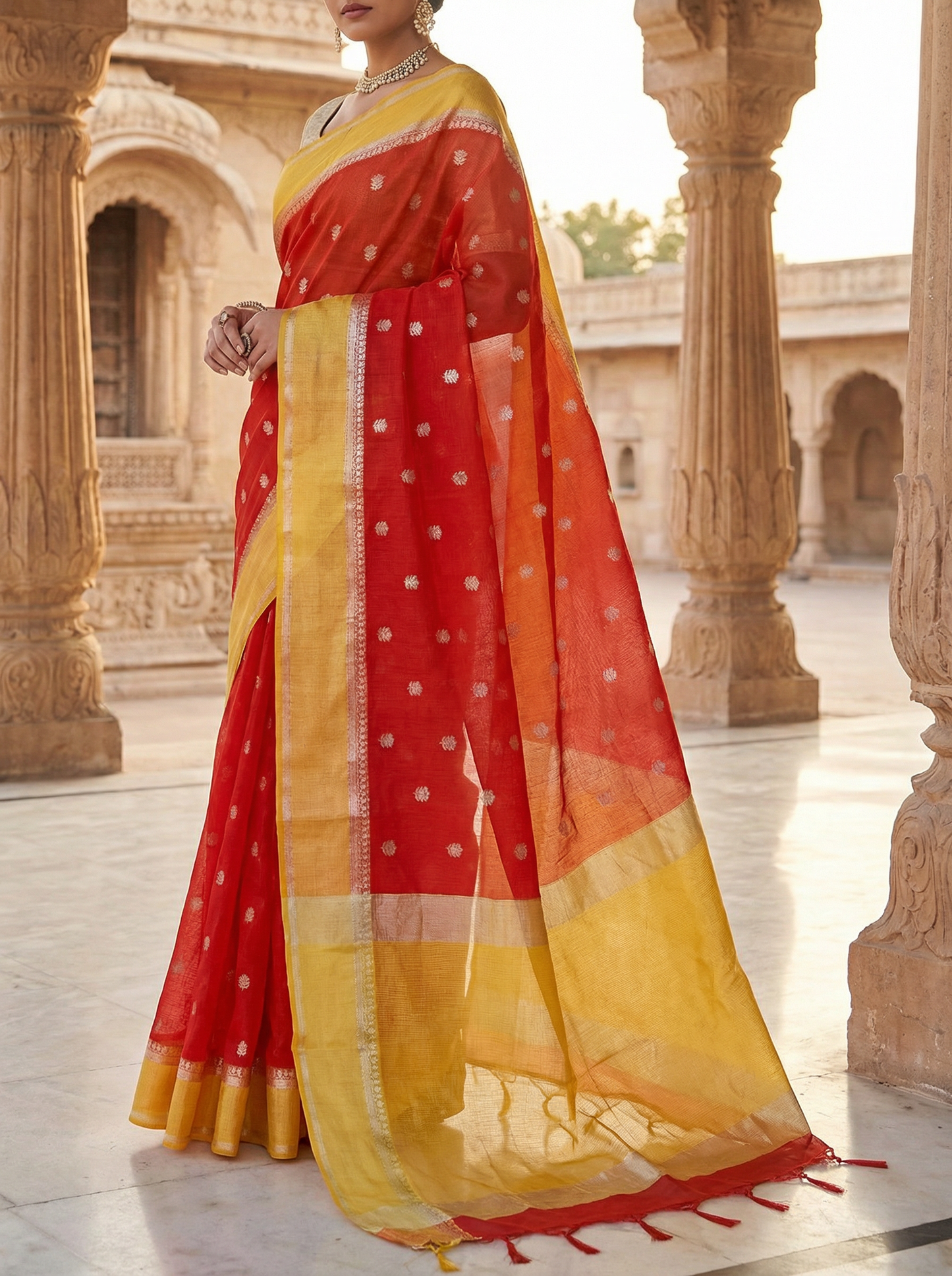 Sindoori Basant - Red and Yellow shade Butti with gap border Pure Cotton Kota Doria Saree
