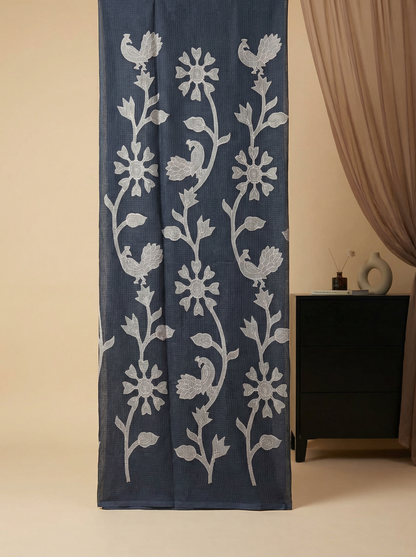 Ashra Grey - Pure Cotton Kota Doria Applique Work Saree