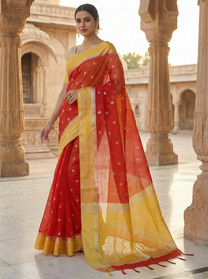 Sindoori Basant - Red and Yellow shade Butti with gap border Pure Cotton Kota Doria Saree