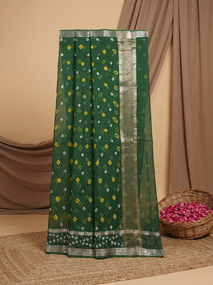 Vasudha Green - Pure Cotton Kota Doria with Bandhani and Zari Border