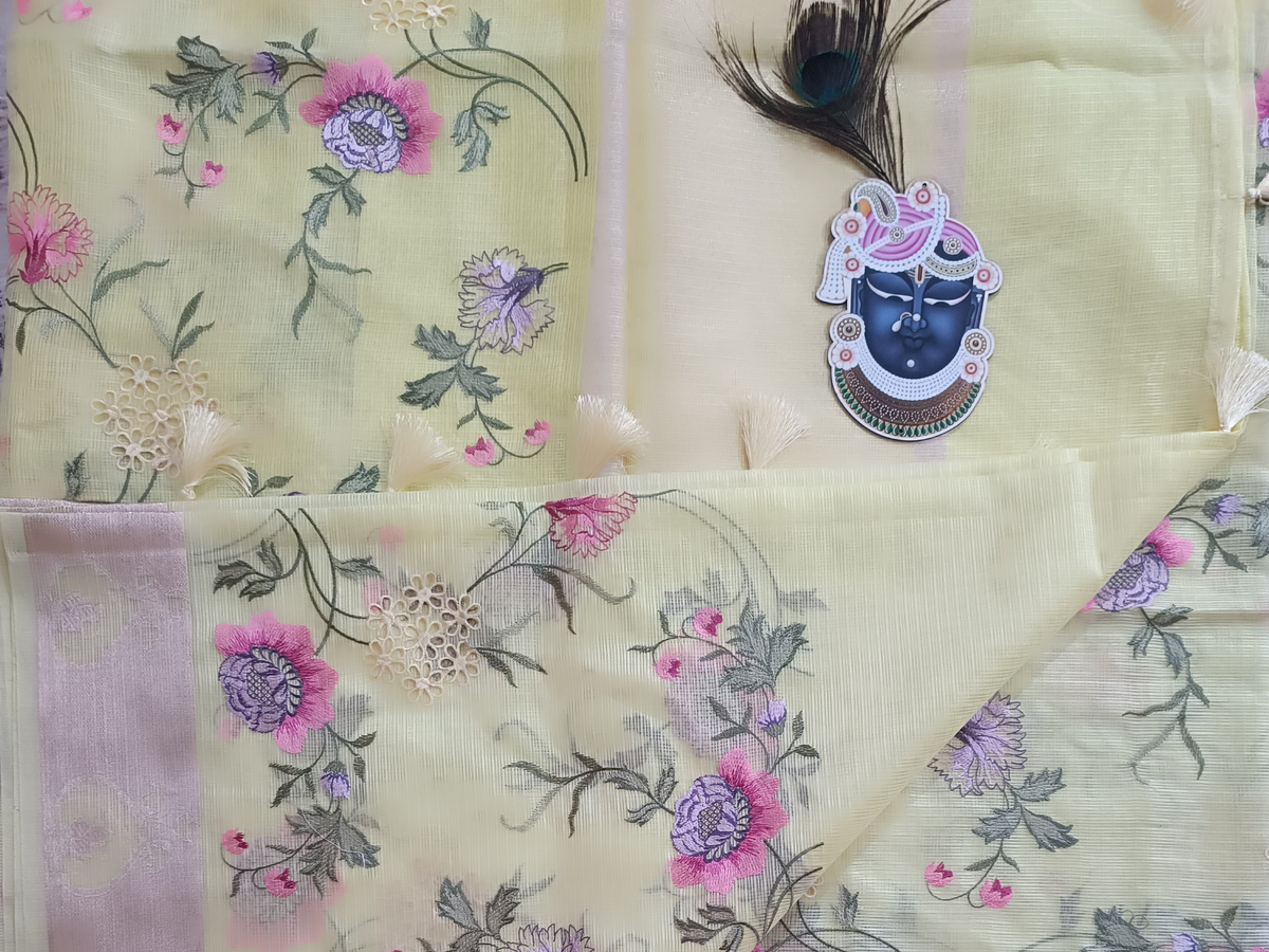 Lemon Gul - Kota Doria Saree with Cutwork and Embroidery