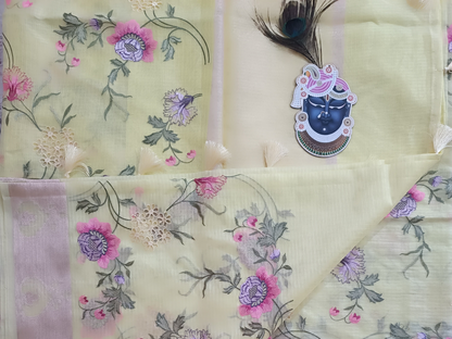 Lemon Gul - Kota Doria Saree with Cutwork and Embroidery