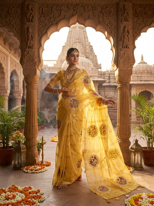 Swarna - Gharchola Embroidered Yellow Cotton Kota Doria Saree