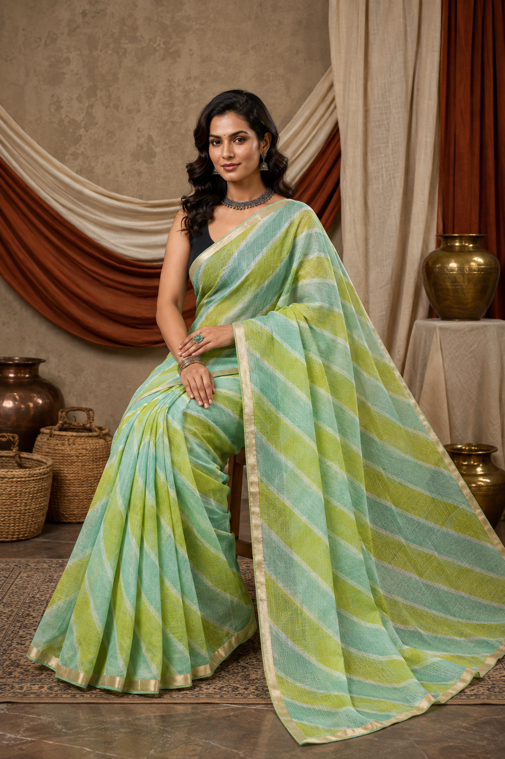 VASUDHA GREEN - PURE COTTON LEHRIYA KOTA DORIA SAREE
