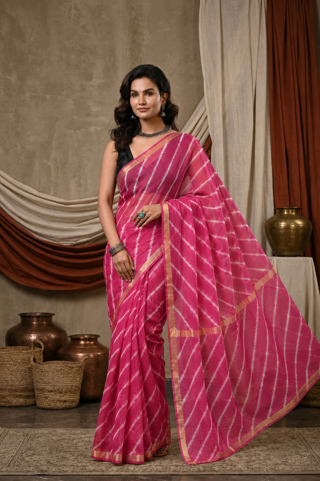 PUSHPIKA - Pure Cotton Lehriya Kota Doria Saree