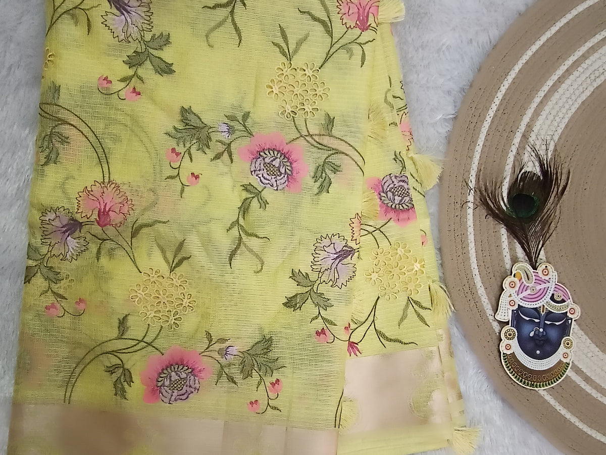 Lemon Gul - Kota Doria Saree with Cutwork and Embroidery