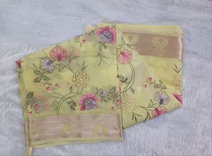 Lemon Gul - Kota Doria Saree with Cutwork and Embroidery
